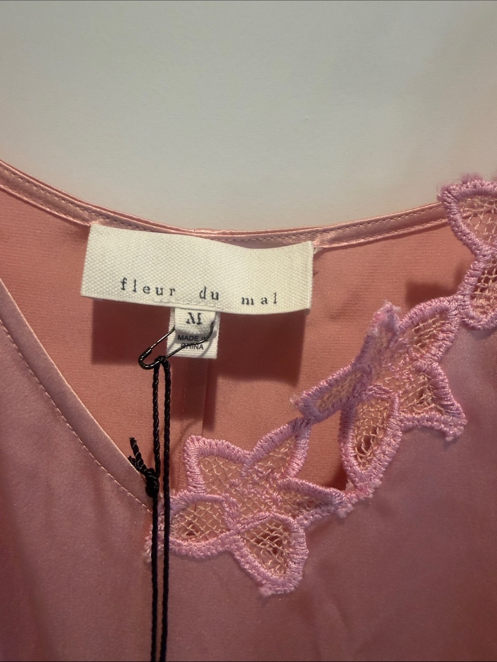 Fleur du Mal Pink Satin Slip with Floral Lace Appliqué - Picture 2 of 4